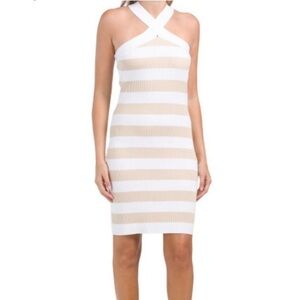 NWOT House of Harlow Ribbed Ribbed White & Tan/Beige Stripe Halter Mini Dress S